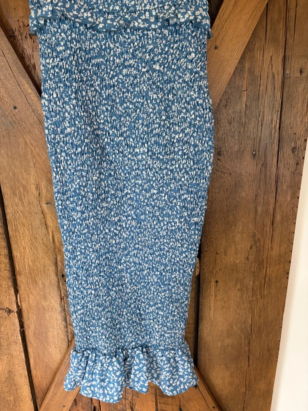 SHEIN US Size 4 Blue Floral Smocked Midi Maternity Dress with Ruffle Hem